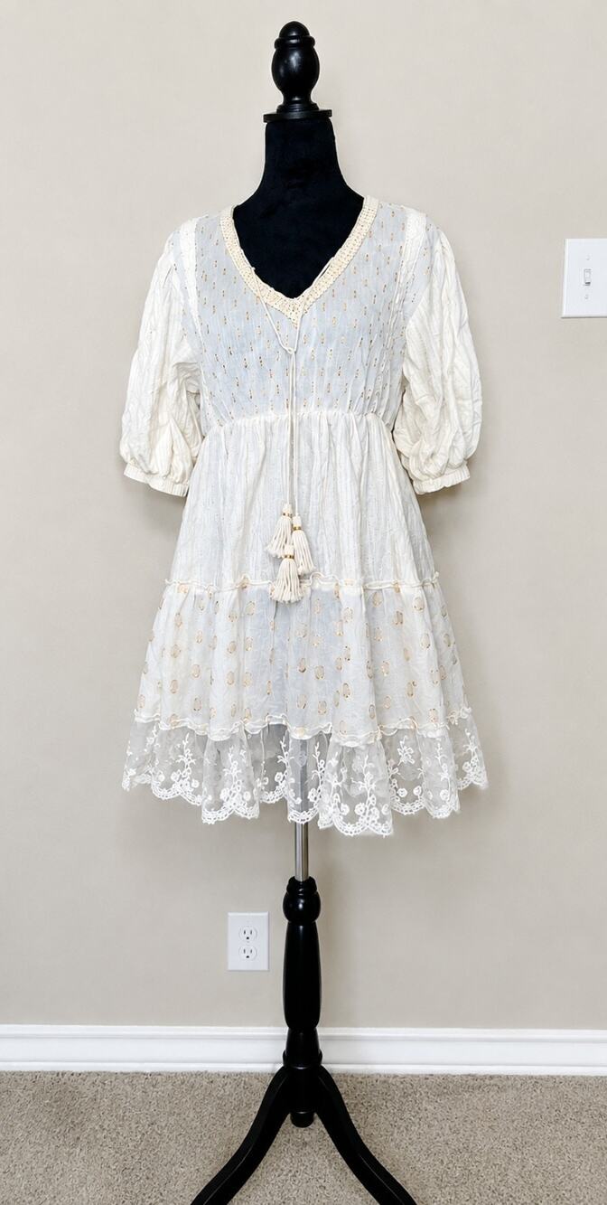 Turks & Caicos Boho Cotton Lace Tunic Mini Dress Coverup Gold Dash XL